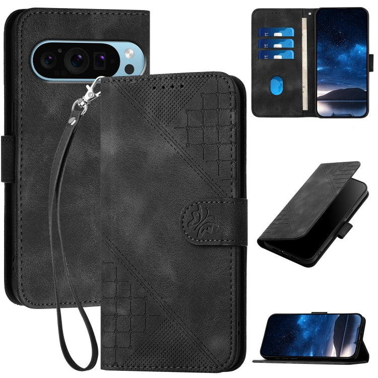 For Google Pixel 9 / 9 Pro Grid Butterfly Embossed Pattern Leather Phone Case with Lanyard(Black) by buy2fix