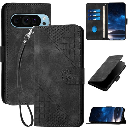 For Google Pixel 9 / 9 Pro Grid Butterfly Embossed Pattern Leather Phone Case with Lanyard(Black) by buy2fix