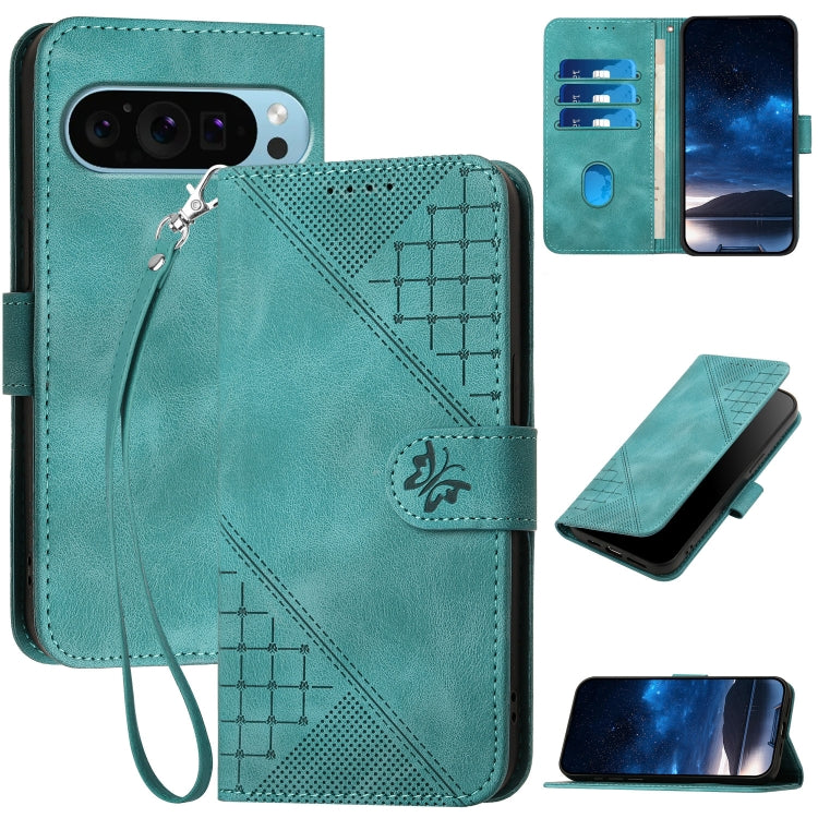 For Google Pixel 9 / 9 Pro Grid Butterfly Embossed Pattern Leather Phone Case with Lanyard(Light Blue) by buy2fix
