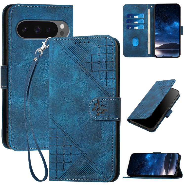 For Google Pixel 10 Pro XL Grid Butterfly Embossed Pattern Leather Phone Case with Lanyard(Dark Blue) - Google Cases by buy2fix | Online Shopping UK | buy2fix