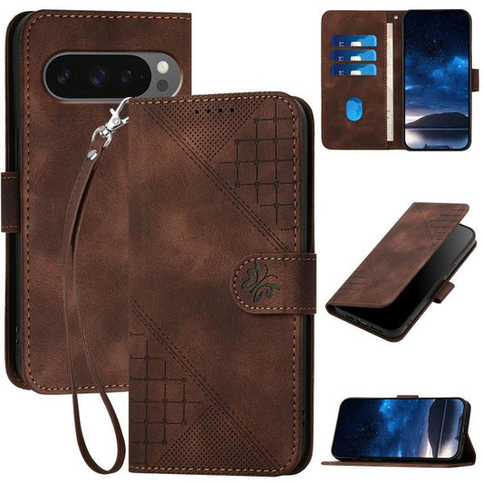 For Google Pixel 10 Pro XL Grid Butterfly Embossed Pattern Leather Phone Case with Lanyard(Coffee) - Google Cases by buy2fix | Online Shopping UK | buy2fix