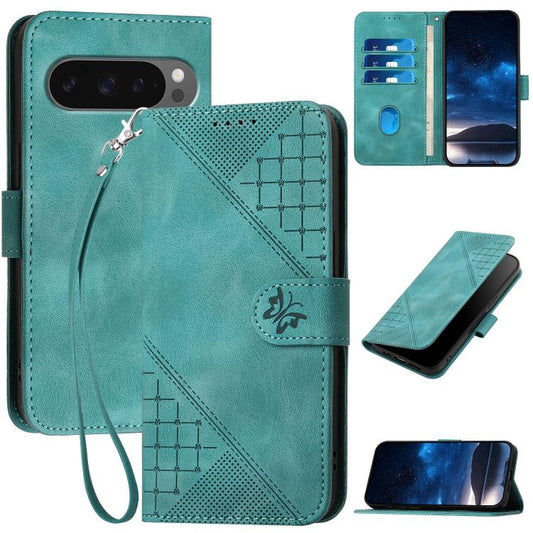 For Google Pixel 10 Pro XL Grid Butterfly Embossed Pattern Leather Phone Case with Lanyard(Light Blue) - Google Cases by buy2fix | Online Shopping UK | buy2fix