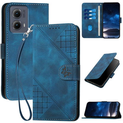 For Motorola Edge 2024 5G Global Grid Butterfly Embossed Pattern Leather Phone Case with Lanyard(Dark Blue) by buy2fix