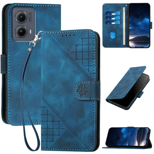 For Motorola Edge 2024 5G Global Grid Butterfly Embossed Pattern Leather Phone Case with Lanyard(Dark Blue) by buy2fix