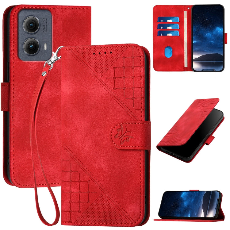 For Motorola Edge 2024 5G Global Grid Butterfly Embossed Pattern Leather Phone Case with Lanyard(Red) by buy2fix