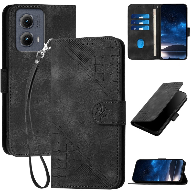 For Motorola Edge 2024 5G Global Grid Butterfly Embossed Pattern Leather Phone Case with Lanyard(Black) by buy2fix