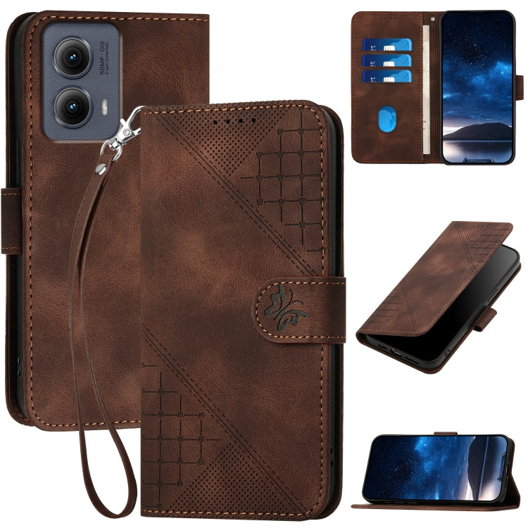 For Motorola Edge 2024 5G Global Grid Butterfly Embossed Pattern Leather Phone Case with Lanyard(Coffee) by buy2fix
