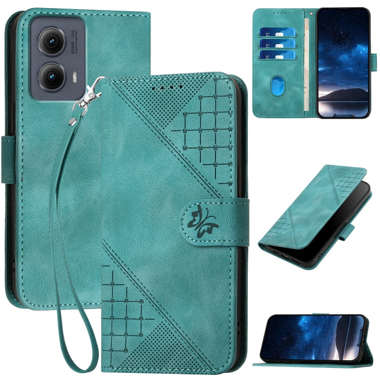 For Motorola Edge 2024 5G Global Grid Butterfly Embossed Pattern Leather Phone Case with Lanyard(Light Blue) by buy2fix
