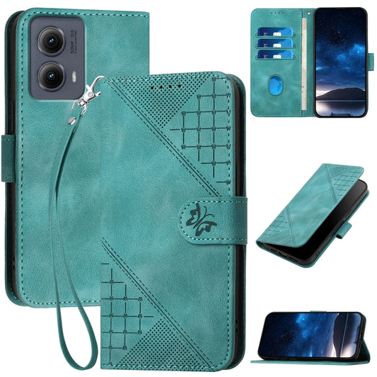 For Motorola Edge 2024 5G Global Grid Butterfly Embossed Pattern Leather Phone Case with Lanyard(Light Blue) by buy2fix