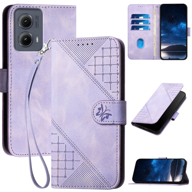 For Motorola Edge 2024 5G Global Grid Butterfly Embossed Pattern Leather Phone Case with Lanyard(Light Purple) by buy2fix