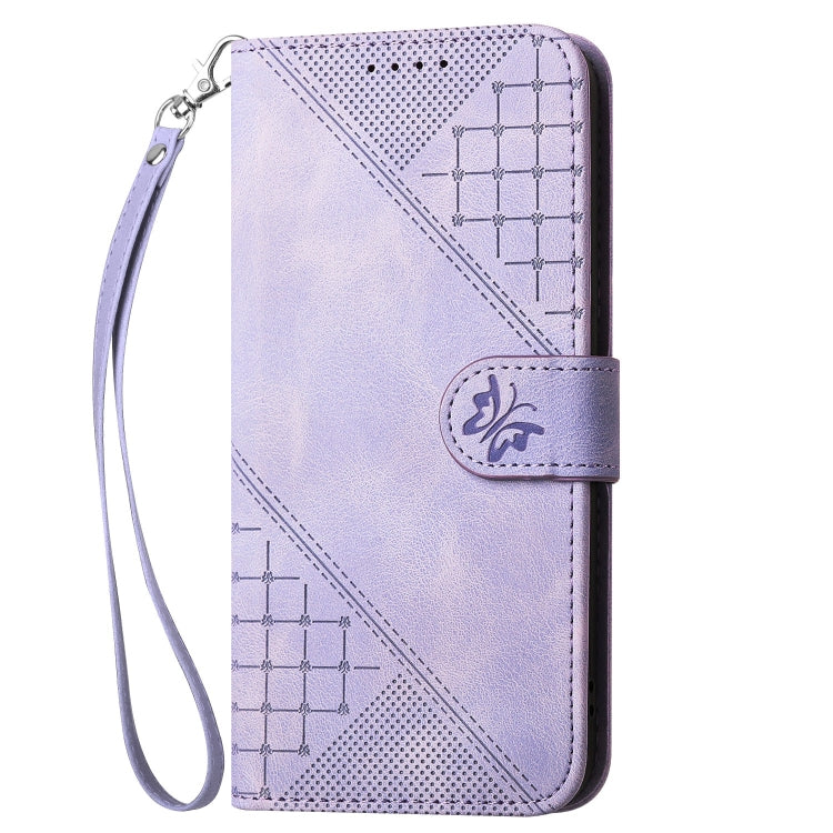 For Motorola Edge 2024 5G Global Grid Butterfly Embossed Pattern Leather Phone Case with Lanyard(Light Purple) by buy2fix