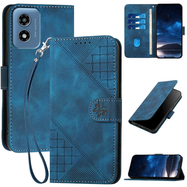 For Motorola Moto G Play 4G 2024 Grid Butterfly Embossed Pattern Leather Phone Case with Lanyard(Dark Blue) by buy2fix