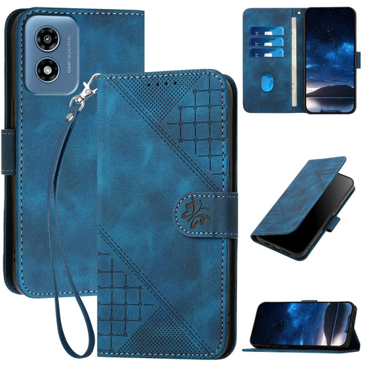 For Motorola Moto G Play 4G 2024 Grid Butterfly Embossed Pattern Leather Phone Case with Lanyard(Dark Blue) by buy2fix