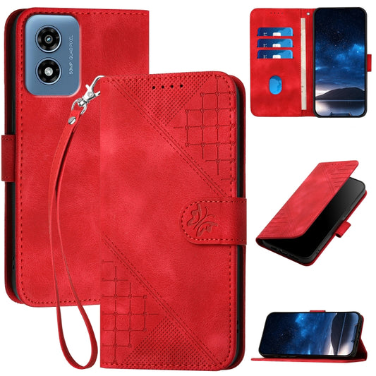 For Motorola Moto G Play 4G 2024 Grid Butterfly Embossed Pattern Leather Phone Case with Lanyard(Red) by buy2fix