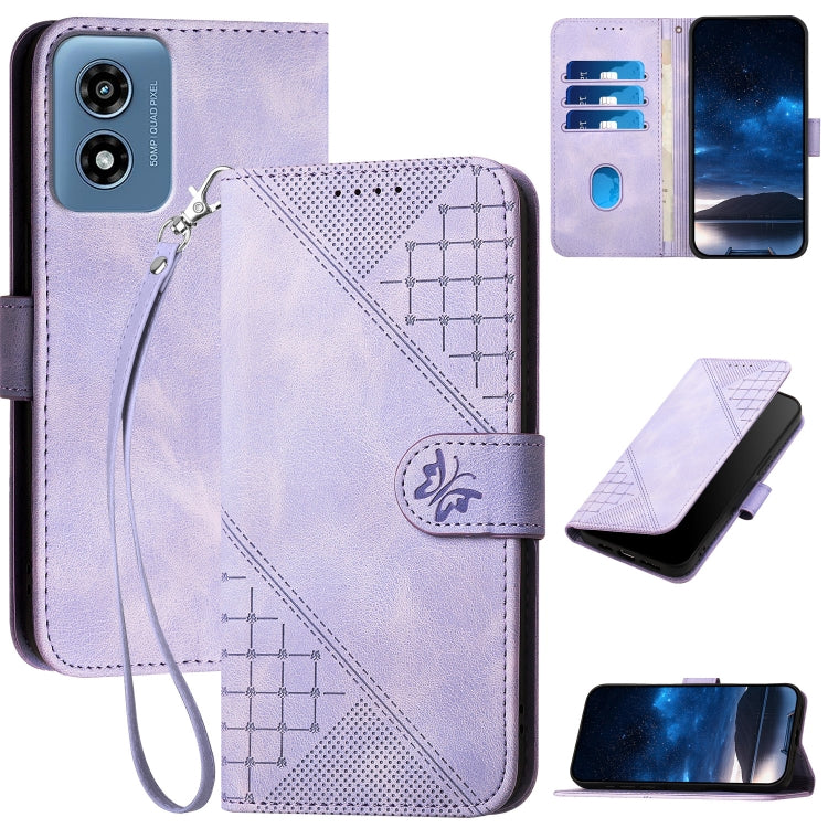 For Motorola Moto G Play 4G 2024 Grid Butterfly Embossed Pattern Leather Phone Case with Lanyard(Light Purple) by buy2fix