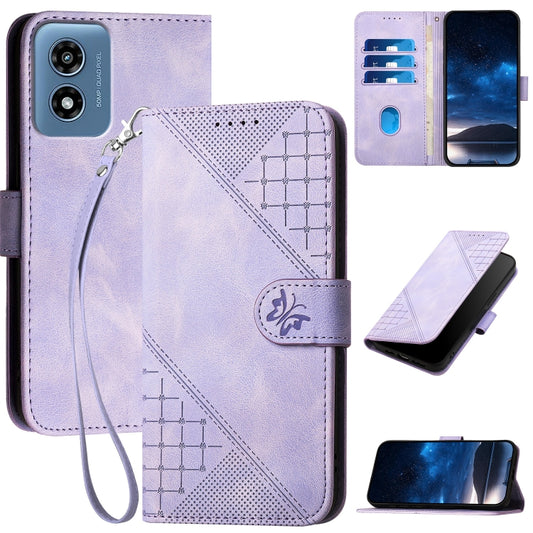 For Motorola Moto G Play 4G 2024 Grid Butterfly Embossed Pattern Leather Phone Case with Lanyard(Light Purple) by buy2fix