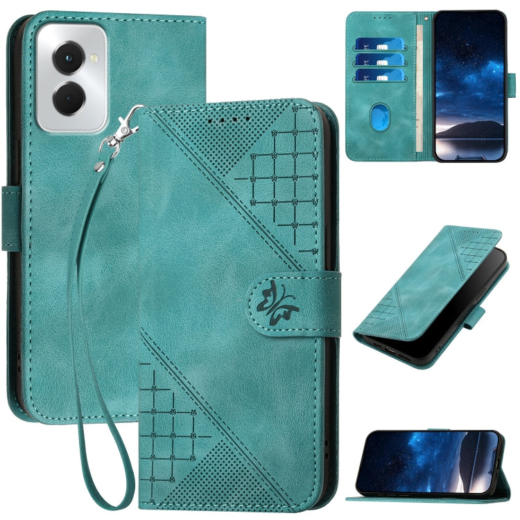 For Motorola Moto G Power 5G 2024 Grid Butterfly Embossed Pattern Leather Phone Case with Lanyard(Light Blue) by buy2fix