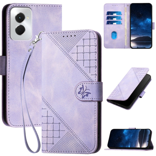 For Motorola Moto G Power 5G 2024 Grid Butterfly Embossed Pattern Leather Phone Case with Lanyard(Light Purple) by buy2fix