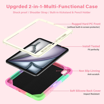 For iPad Air 11 2025 / 2024 Kickstand PC Hybrid Silicone Tablet Case with Strap(Colorful Rose Red) - iPad Air 11 2025 / 2024 Cases by buy2fix | Online Shopping UK | buy2fix