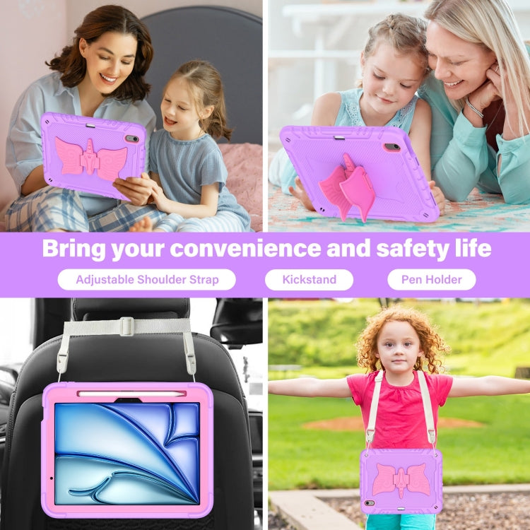 For iPad Air 11 2025 / 2024 Kickstand PC Hybrid Silicone Tablet Case with Strap(Purple Rose Red) - iPad Air 11 2025 / 2024 Cases by buy2fix | Online Shopping UK | buy2fix
