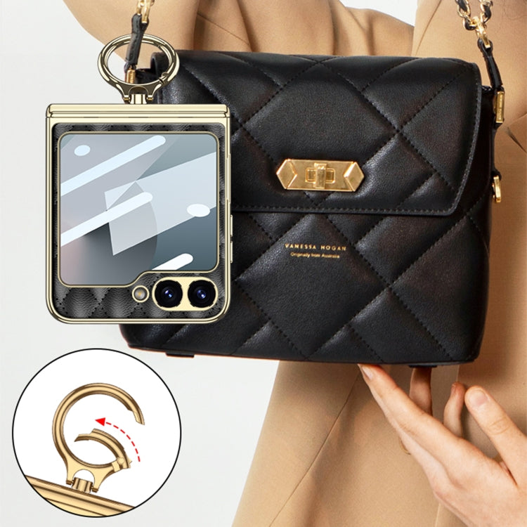 For Samsung Galaxy Z Flip6 / Flip7 FE GKK Rhombus Pattern Integrated Electroplated Leather Phone Case with Ring(Black) - Galaxy Z Flip6 5G Cases by GKK | Online Shopping UK | buy2fix