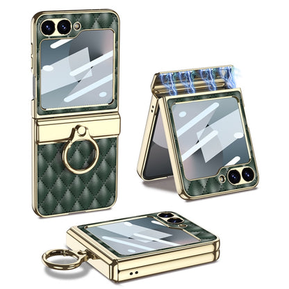 For Samsung Galaxy Z Flip6 / Flip7 FE GKK Rhombus Pattern Integrated Electroplated Leather Phone Case with Ring(Dark Green) - Galaxy Z Flip6 5G Cases by GKK | Online Shopping UK | buy2fix
