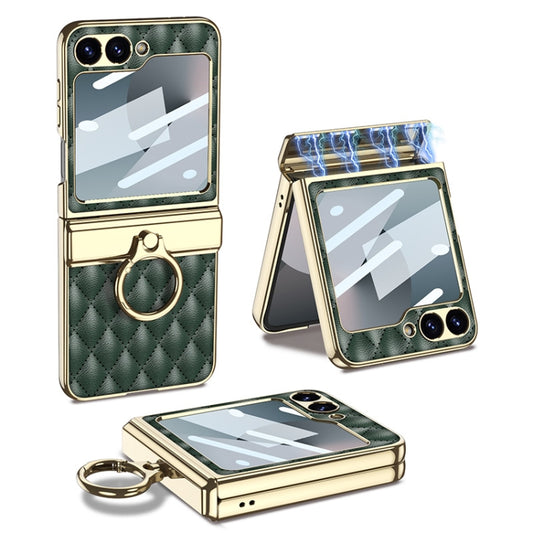 For Samsung Galaxy Z Flip6 / Flip7 FE GKK Rhombus Pattern Integrated Electroplated Leather Phone Case with Ring(Dark Green) - Galaxy Z Flip6 5G Cases by GKK | Online Shopping UK | buy2fix
