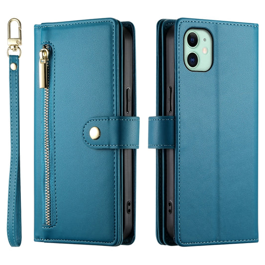 For iPhone 11 Nine Card-slot Zipper Wallet Bag Leather Phone Case(Blue) - iPhone 11 Cases by buy2fix | Online Shopping UK | buy2fix
