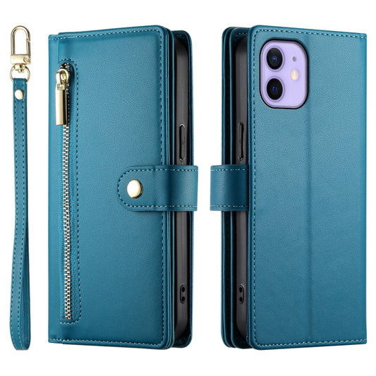 For iPhone 12 / 12 Pro Nine Card-slot Zipper Wallet Bag Leather Phone Case(Blue) - iPhone 12 / 12 Pro Cases by buy2fix | Online Shopping UK | buy2fix
