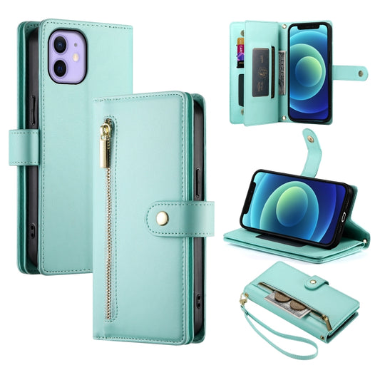 For iPhone 12 mini Nine Card-slot Zipper Wallet Bag Leather Phone Case(Mint Green) - iPhone 12 mini Cases by buy2fix | Online Shopping UK | buy2fix