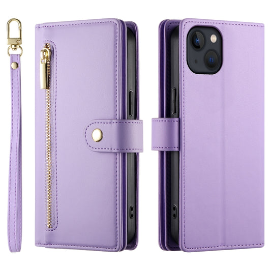 For iPhone 13 Nine Card-slot Zipper Wallet Bag Leather Phone Case(Purple) - iPhone 13 Cases by buy2fix | Online Shopping UK | buy2fix