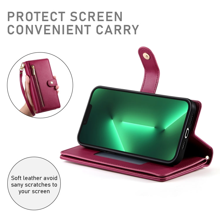 For iPhone 13 Pro Nine Card-slot Zipper Wallet Bag Leather Phone Case(Red) - iPhone 13 Pro Cases by buy2fix | Online Shopping UK | buy2fix
