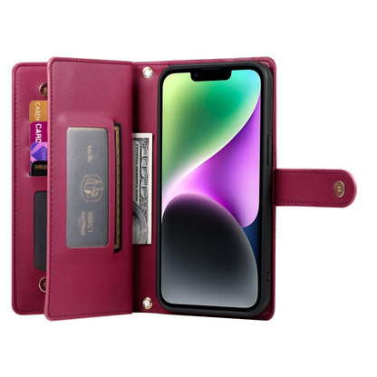 For iPhone 14 Nine Card-slot Zipper Wallet Bag Leather Phone Case(Red) - iPhone 14 Cases by buy2fix | Online Shopping UK | buy2fix