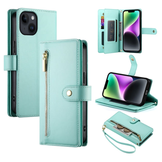 For iPhone 14 Nine Card-slot Zipper Wallet Bag Leather Phone Case(Mint Green) - iPhone 14 Cases by buy2fix | Online Shopping UK | buy2fix