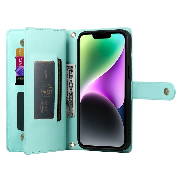 For iPhone 14 Nine Card-slot Zipper Wallet Bag Leather Phone Case(Mint Green) - iPhone 14 Cases by buy2fix | Online Shopping UK | buy2fix