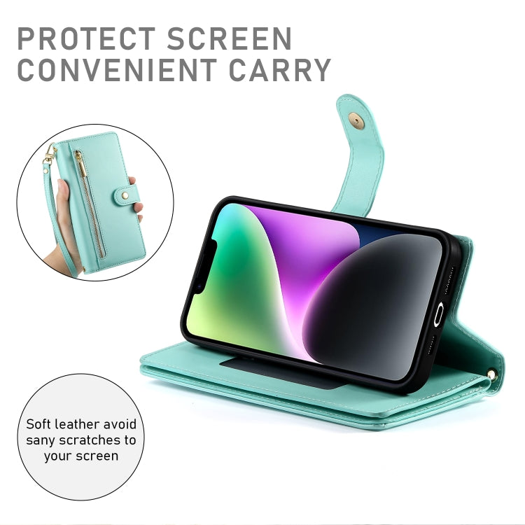 For iPhone 14 Nine Card-slot Zipper Wallet Bag Leather Phone Case(Mint Green) - iPhone 14 Cases by buy2fix | Online Shopping UK | buy2fix