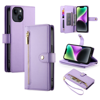 For iPhone 14 Nine Card-slot Zipper Wallet Bag Leather Phone Case(Purple) - iPhone 14 Cases by buy2fix | Online Shopping UK | buy2fix
