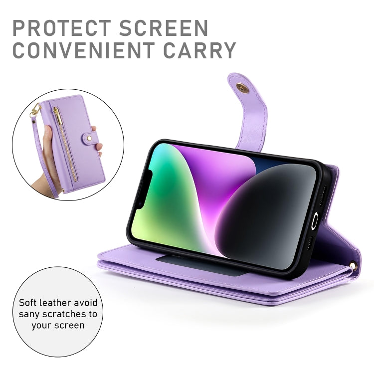 For iPhone 14 Nine Card-slot Zipper Wallet Bag Leather Phone Case(Purple) - iPhone 14 Cases by buy2fix | Online Shopping UK | buy2fix