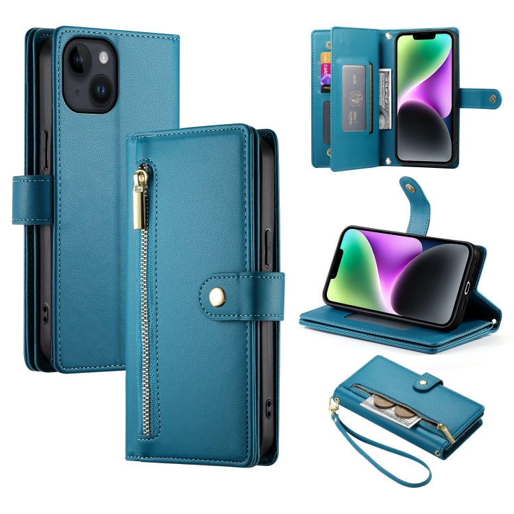 For iPhone 14 Nine Card-slot Zipper Wallet Bag Leather Phone Case(Blue) - iPhone 14 Cases by buy2fix | Online Shopping UK | buy2fix