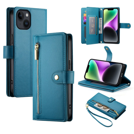 For iPhone 14 Nine Card-slot Zipper Wallet Bag Leather Phone Case(Blue) - iPhone 14 Cases by buy2fix | Online Shopping UK | buy2fix