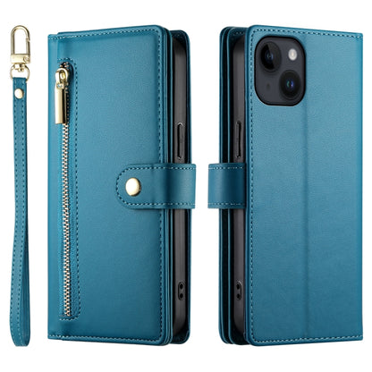 For iPhone 14 Nine Card-slot Zipper Wallet Bag Leather Phone Case(Blue) - iPhone 14 Cases by buy2fix | Online Shopping UK | buy2fix