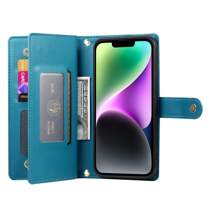 For iPhone 14 Nine Card-slot Zipper Wallet Bag Leather Phone Case(Blue) - iPhone 14 Cases by buy2fix | Online Shopping UK | buy2fix