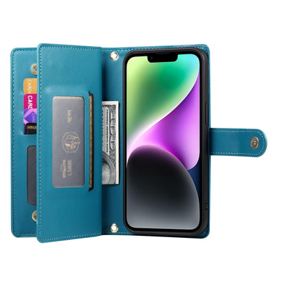 For iPhone 14 Nine Card-slot Zipper Wallet Bag Leather Phone Case(Blue) - iPhone 14 Cases by buy2fix | Online Shopping UK | buy2fix
