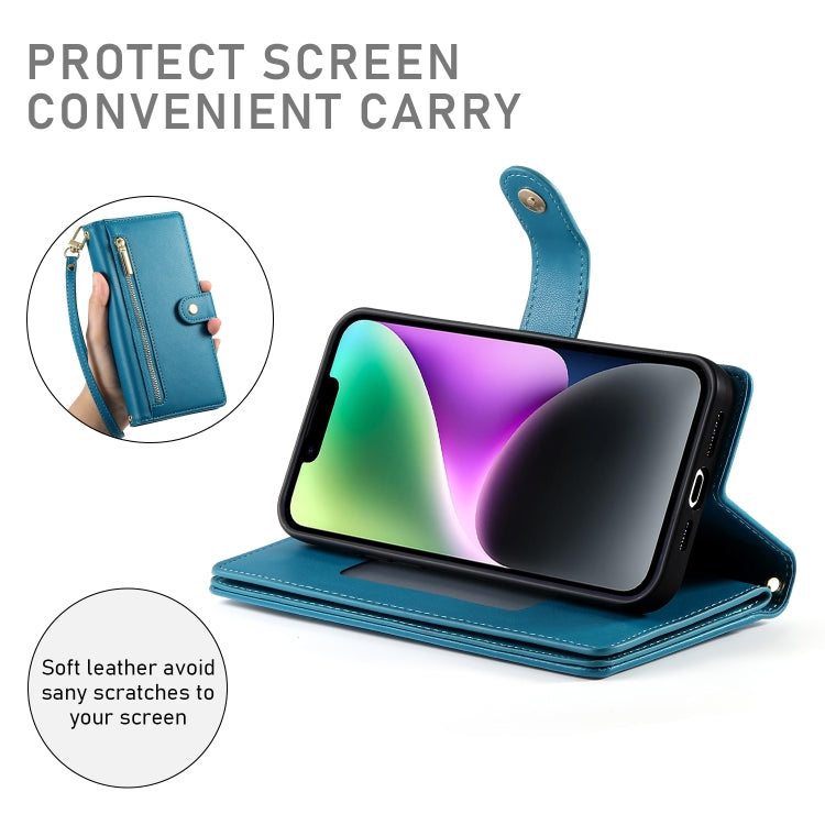 For iPhone 14 Nine Card-slot Zipper Wallet Bag Leather Phone Case(Blue) - iPhone 14 Cases by buy2fix | Online Shopping UK | buy2fix