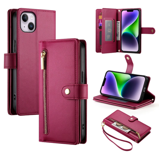 For iPhone 14 Plus Nine Card-slot Zipper Wallet Bag Leather Phone Case(Red) - iPhone 14 Plus Cases by buy2fix | Online Shopping UK | buy2fix