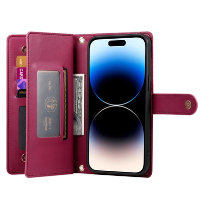 For iPhone 14 Pro Nine Card-slot Zipper Wallet Bag Leather Phone Case(Red) - iPhone 14 Pro Cases by buy2fix | Online Shopping UK | buy2fix