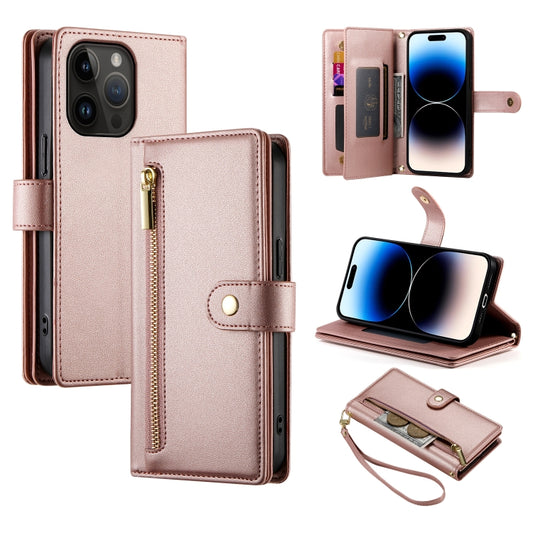 For iPhone 14 Pro Nine Card-slot Zipper Wallet Bag Leather Phone Case(Pink) - iPhone 14 Pro Cases by buy2fix | Online Shopping UK | buy2fix