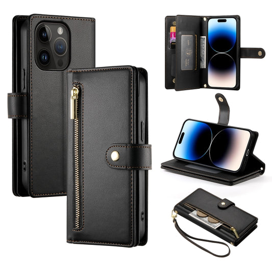 For iPhone 14 Pro Nine Card-slot Zipper Wallet Bag Leather Phone Case(Black) - iPhone 14 Pro Cases by buy2fix | Online Shopping UK | buy2fix