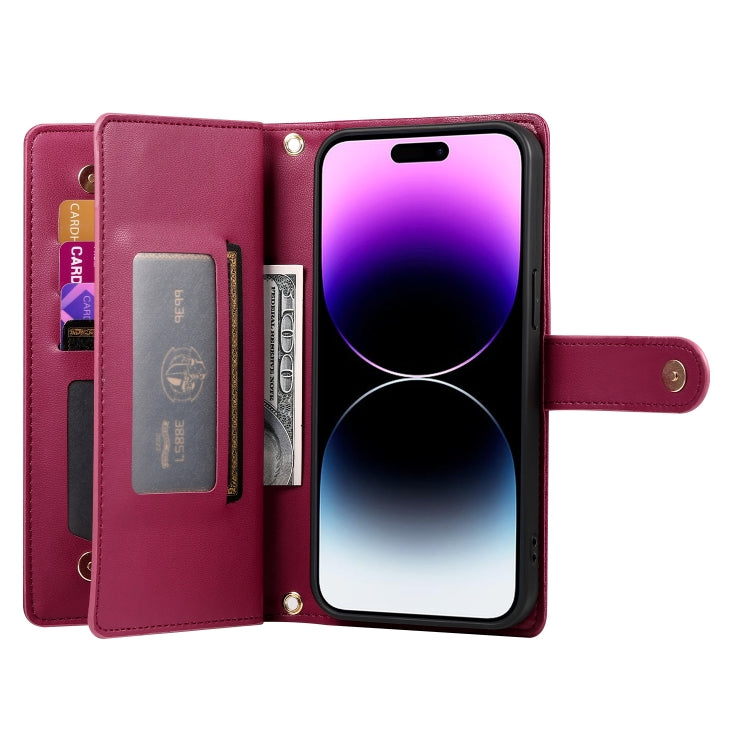 For iPhone 14 Pro Max Nine Card-slot Zipper Wallet Bag Leather Phone Case(Red) - iPhone 14 Pro Max Cases by buy2fix | Online Shopping UK | buy2fix