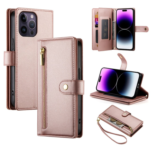 For iPhone 14 Pro Max Nine Card-slot Zipper Wallet Bag Leather Phone Case(Pink) - iPhone 14 Pro Max Cases by buy2fix | Online Shopping UK | buy2fix